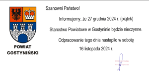 Informacja dotycząca pracy Starostwa Powiatowego w Gostyninie dniu 27 grudnia 24 roku