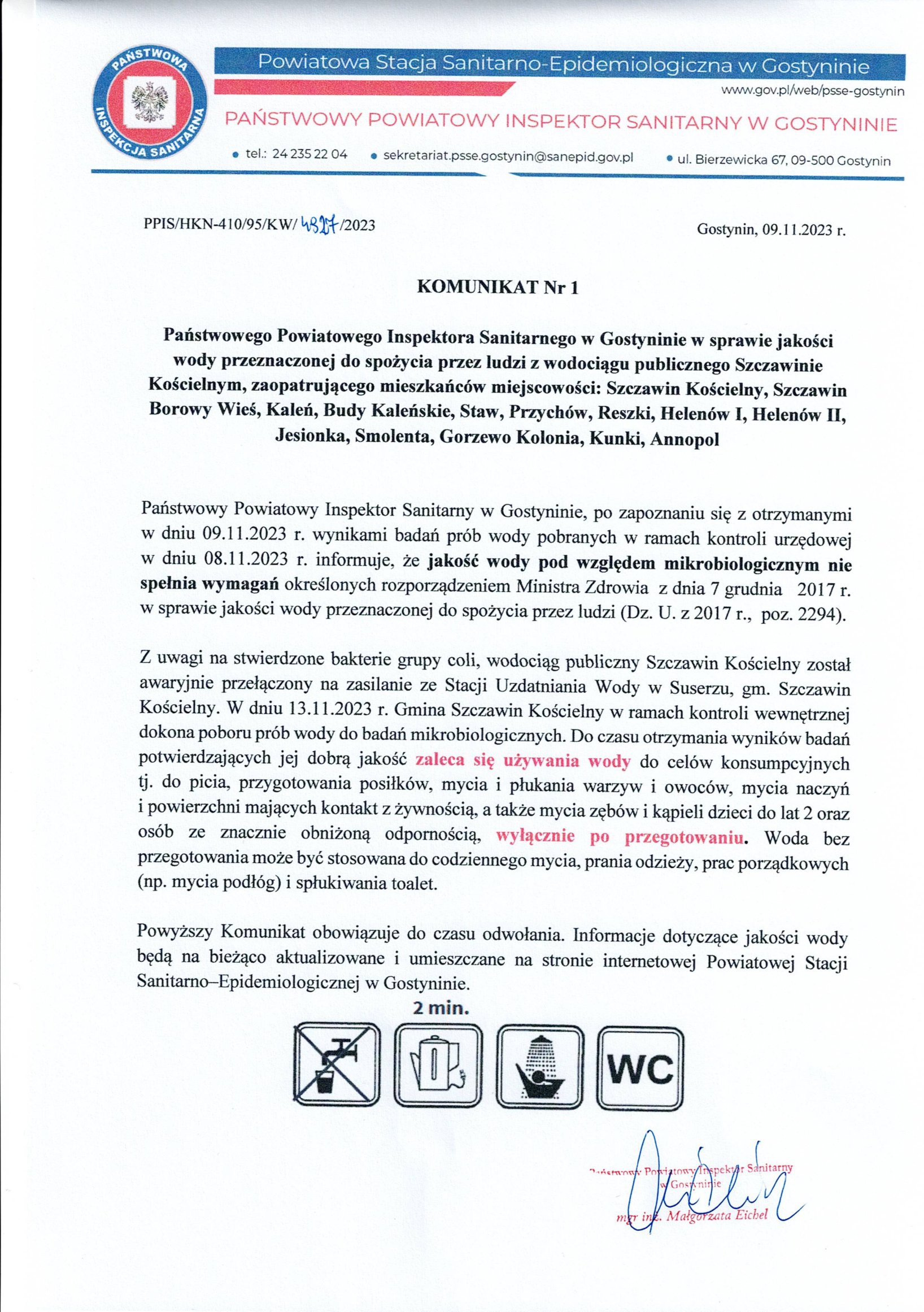 Komunikat Nr 1 w sprawie jakości wody przeznaczonej do spożycia przez ludzi z wodociągu Szczain Kościelny 1